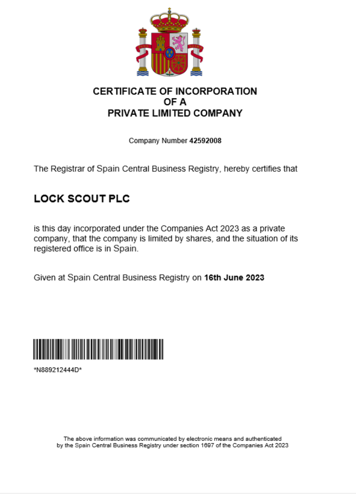Spain business registration certificate Word and PDF template